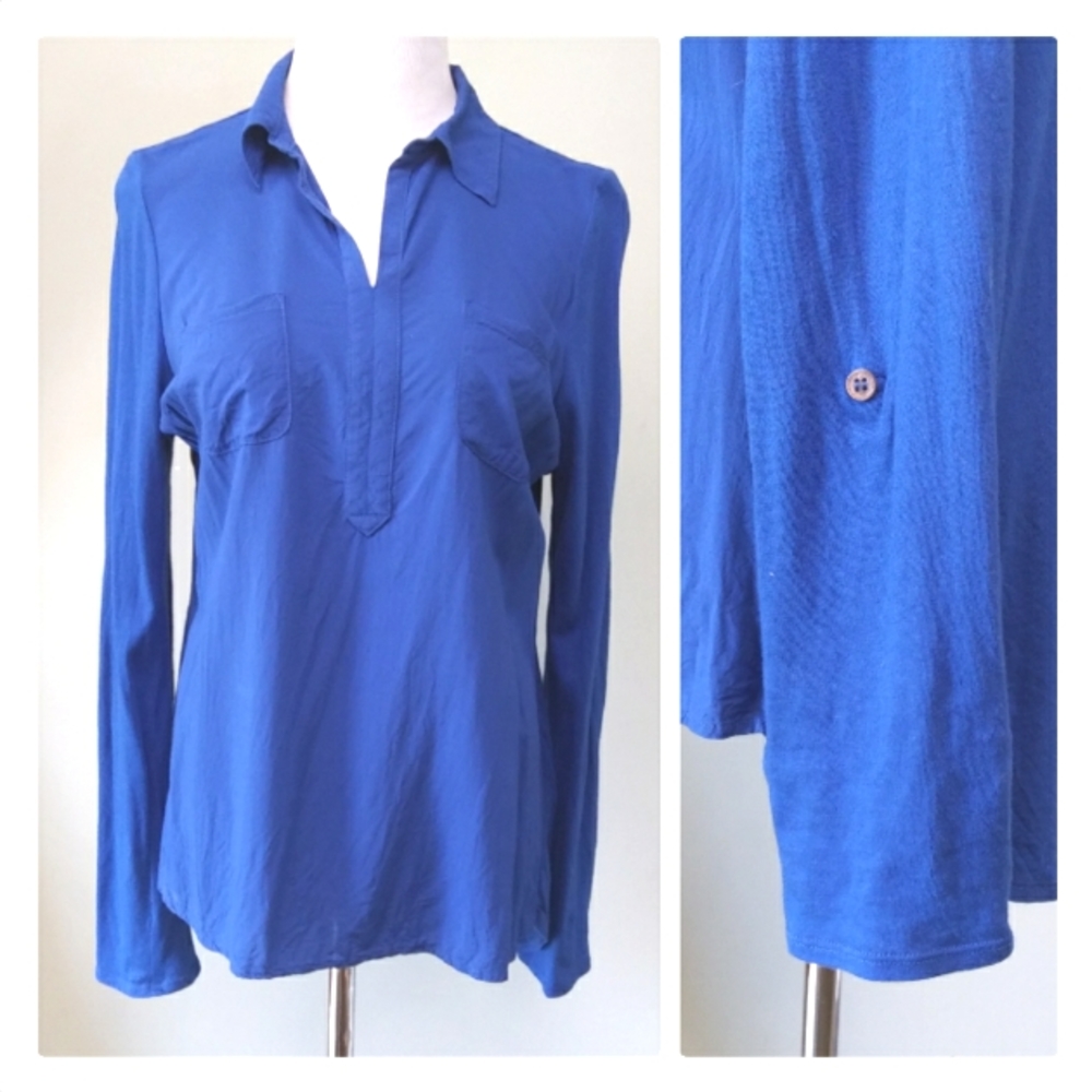CHAUS SPORT Royal Blue Roll Tab Sleeve Blouse